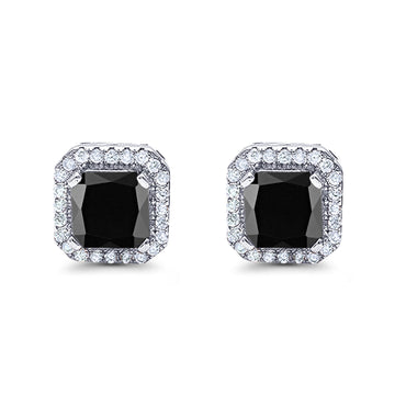Halo Stud Earrings Wedding Princess Cut Simulated Black CZ Solid 925 Sterling Silver